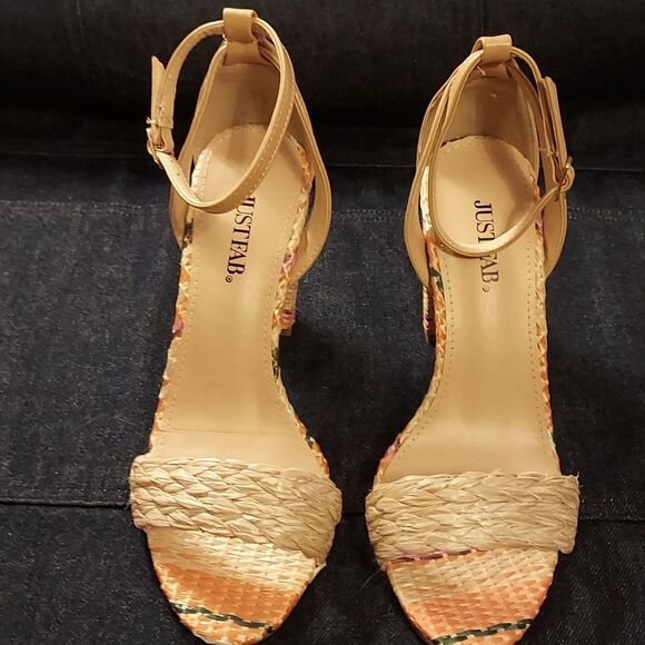 Just Fab beige sandals peach blue woven straw strappy sandals size 7 - Picture 2 of 5